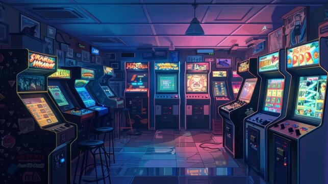 Retro arcade room with old video game machines with soft neon lights in high resolution and quality
