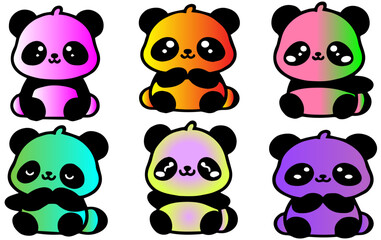 Set of 6 cute kawaii panda bears with funny faces, good for stickers