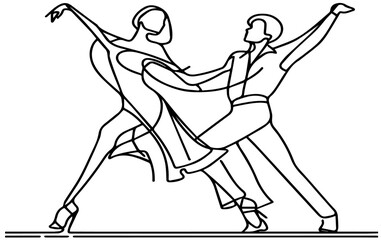 A dancing couple, black outline, Single continuous line drawing man and woman performing dance