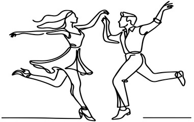 Party dance hand drawn outline, Dancing couple. A man and a woman perform a ballroom dance, Continuous one line drawing man and woman dancing