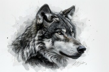 Watercolor portrait of a wolf on white background,  Digital painting