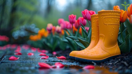 Rainy spring day with yellow boots and tulips