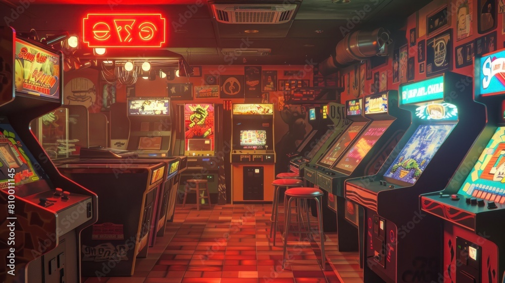 Wall mural retro arcade room with old video game machines