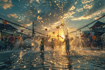 Group of people having fun in a water fountain, perfect for summer activities promotions
