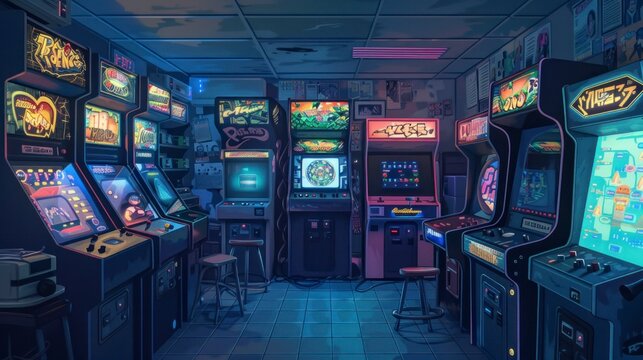 Retro arcade room with old video game machines with soft neon lights in high resolution and high quality. video game concept