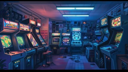 retro arcade room with old video game machines with soft neon lights in high resolution