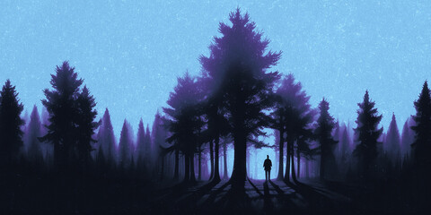 Lonely man in the middle of the forest. Night time, stylized illustration, mystical atmosphere