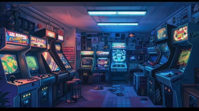 retro arcade room with old video game machines with soft neon lights in high resolution