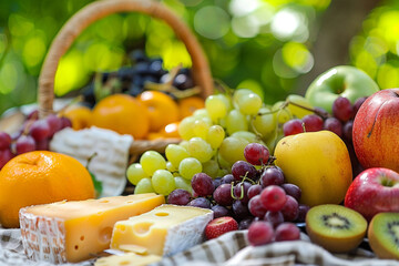 Sunlit summer picnic scene, vibrant fruits and cheeses closeup, joy and freshness embodied