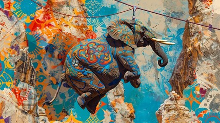 AI generated illustration of an elephant levitating above vibrant mural with artwork