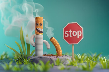 Cute 3D cartoon cigarette with "stop" sign on background.