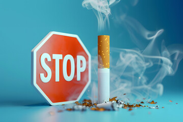 Cute 3D cartoon cigarette with "stop" sign on background.