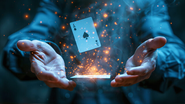 close-up of magician hands showing magic trick with cards