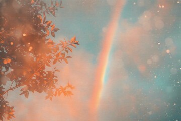 Rainbow on the background of the sky and tree branches with leaves