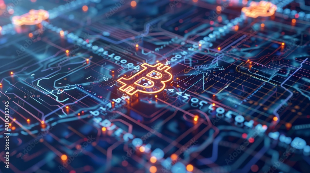 Poster Bitcoin symbol displayed on a computer circuit board, symbolizing digital currency and technology.