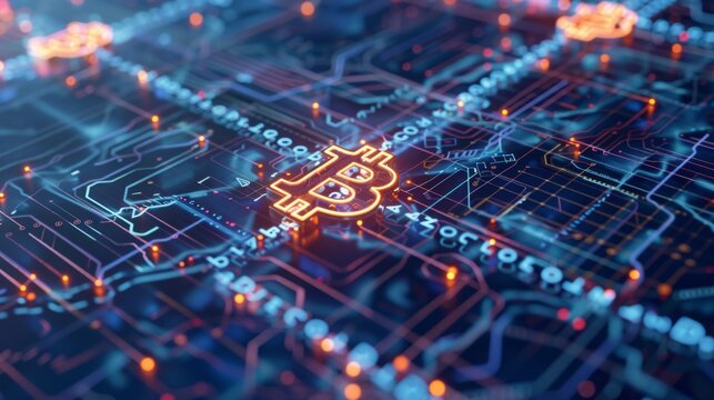 Bitcoin symbol displayed on a computer circuit board, symbolizing digital currency and technology.