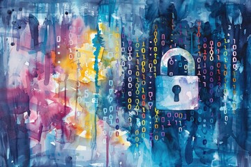 A painting of a padlock on a digital background. Suitable for cybersecurity concepts