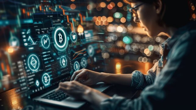 A person is engrossed in researching and monitoring different cryptocurrencies on a digital interface during nighttime.