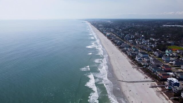 Surfside Beach South Carolina Aerial 4k Cinematic View, Clear Sunny Day, USA.