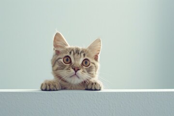 Cute cat sitting on the white wall and looking to the camera