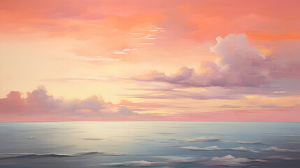 Obraz premium A painting of a cloudy sky with a bright orange sun in the background. The sky is filled with clouds, and the sun is shining brightly, creating a warm and inviting atmosphere