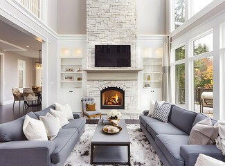 Beautiful living room in a luxury home with a stone fireplace