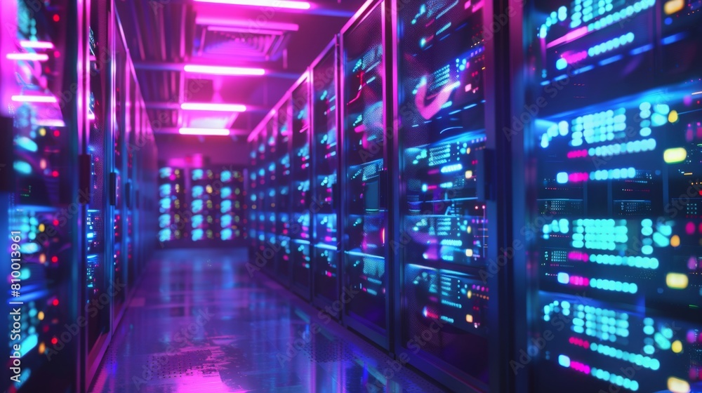 Aufkleber a vibrant, neon-lit server room with rows of high-tech data storage equipment.