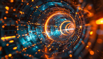 Obraz premium Dystopian landscape with vibrant holograms, wireframes, and quantum core emitting blue, red, and yellow energy, revealing intricate data streams.