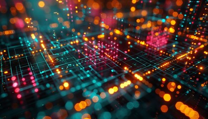 Fototapeta premium A holographic quantum computing core pulses with vibrant energy, displaying abstract, algorithmic patterns in green, pink, and yellow.