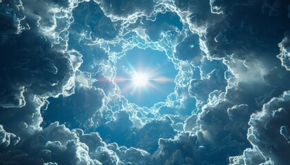 A dazzling quantum computing core hologram radiates energy in a vast blue sky, surrounded by intricate data streams and abstract patterns.