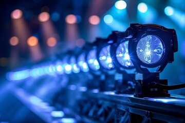 A dynamic shot of inactive stage lights lined up, creating a dramatic anticipation for the upcoming...