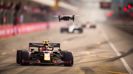 Drone Capturing Formula Racing Cars at High Speed on Circuit