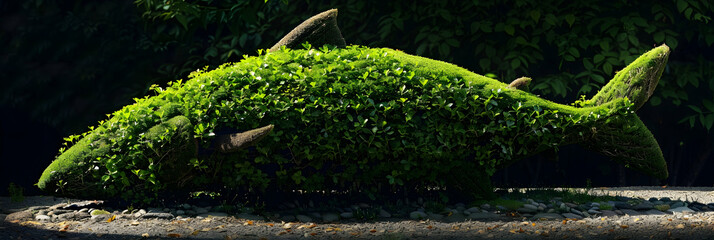 A hedge trimmed into the form of a fish, captured up-close to highlight the sleek body and tail detailing in vibrant greens under natural light