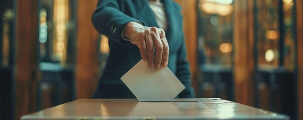 Close-up of a man hand casting a ballot into a simple cardboard voting box. Political choice, election day and voting concept.