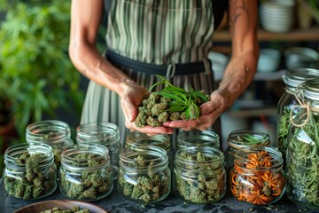 A midsection shot of a person showcasing fresh cannabis buds with jars in the background