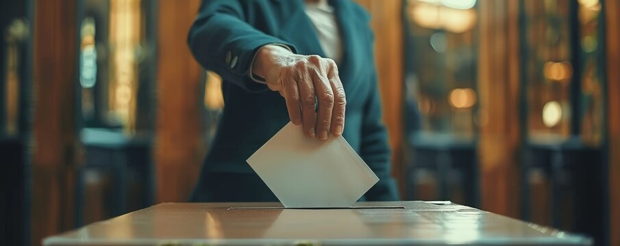 Close-up of a man hand casting a ballot into a simple cardboard voting box. Political choice, election day and voting concept.