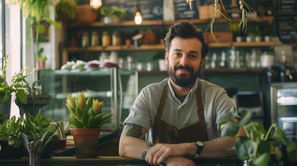 A smiling bearded man in an apron stands at his cafe with arms crossed, surrounded by plants and shelves.