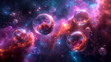Luminous purple pink orbs drifting through a cosmic void with glowing glitter particles dust, abstract background wallpaper,  Shiny transparent gradient backdrop. Strong depth of field