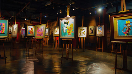 a modern indie art gallery with colorful abstract pop canvas artworks on easels, dim lights