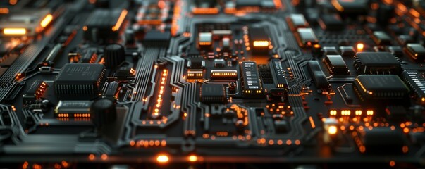 Close-up of a high-tech motherboard with illuminated circuits and pathways