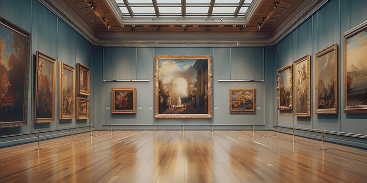 a luxury classic museum interior, antique valuable oil paintings in canvas on the walls