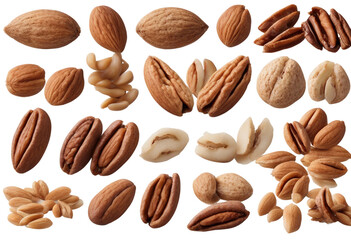 A collection of nuts like almonds walnuts and pecans isolated on a transparent background