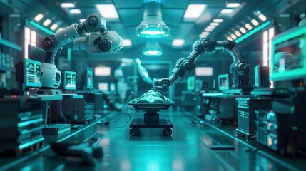 A futuristic hospital room with robots performing surgeries
