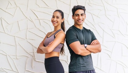 Young smiling man and woman in athletic wear standing with arms crossed on a white background