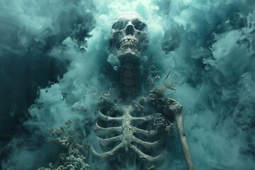  rendering of a skeleton in a cloud of toxic smoke
