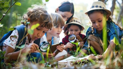 Diverse group of school children with teacher on field trip in nature exploring with magnifying glasses and notepads in hand, Learning science concept.