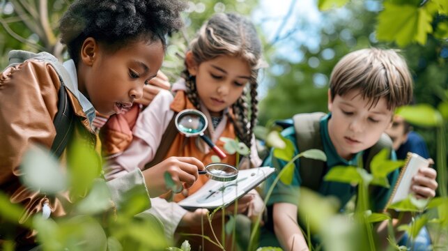 Diverse group of school children with teacher on field trip in nature exploring with magnifying glasses and notepads in hand, Learning science concept.
