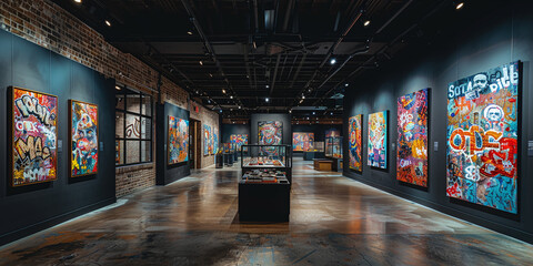 a modern sleek art gallery or museum, art shop, with urban culture artworks, vibrant colors and...