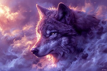 Digital painting of a wolf in a cloud of smoke, digital painting