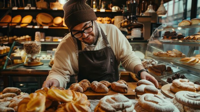 Down syndrome man working in a cafe while carrying fresh pastries. Concept of integration people with a disabilities into society. - Powered by Adobe